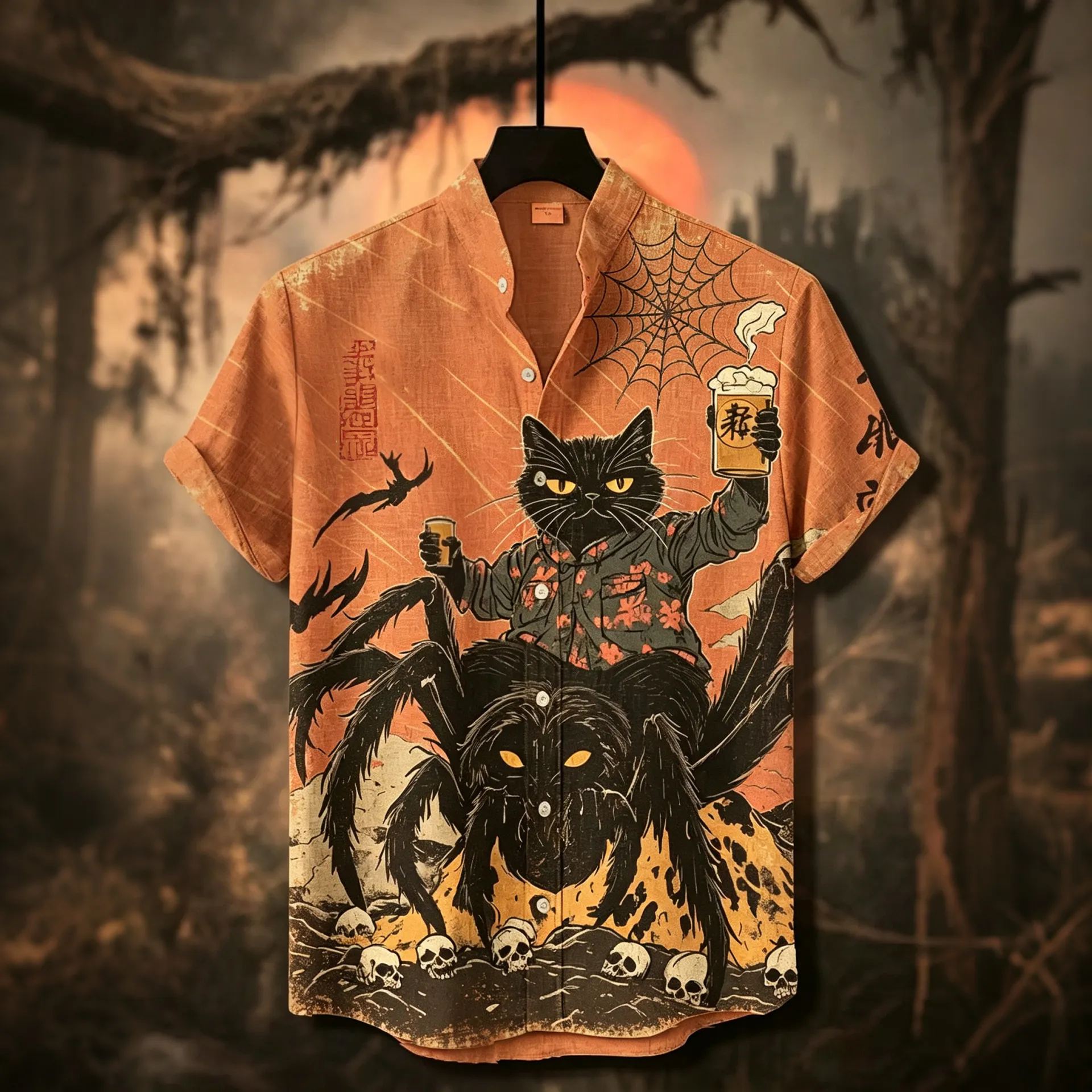 Men's Halloween Vintage Black Cat Holding Beer Riding Spider Skeleton Dark Art Short Sleeve Shirt  artssus