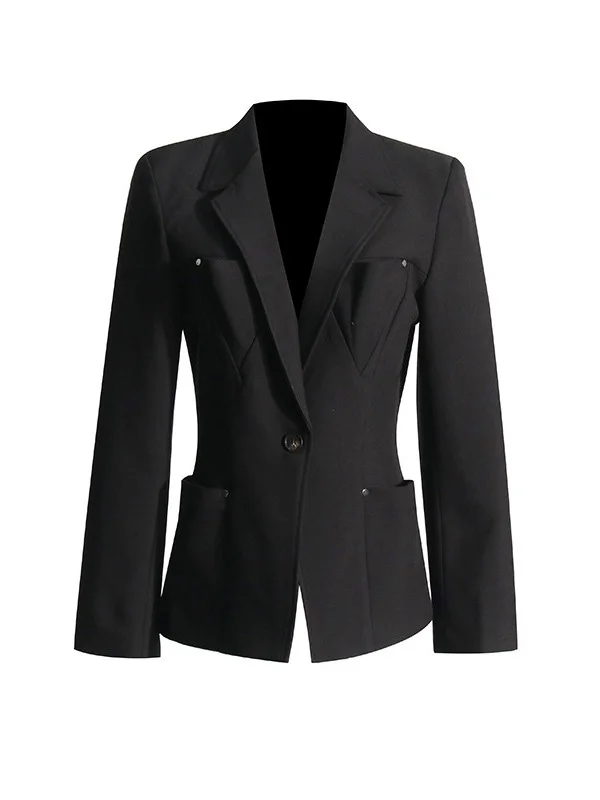 Toloer Toloer Temperament Casual Small Suit Female 2024 Spring New Fashion V Collar Long Sleeve Design Feeling Small Black Coat-Outfit Ideas