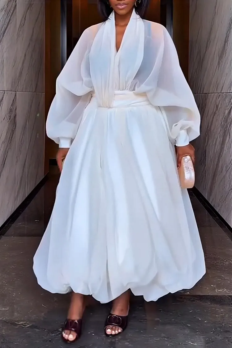 Plus Size Formal White V Neck Lantern Sleeve Long Sleeve Maxi Dresses [Pre-Order] 2024 - Xpluswear