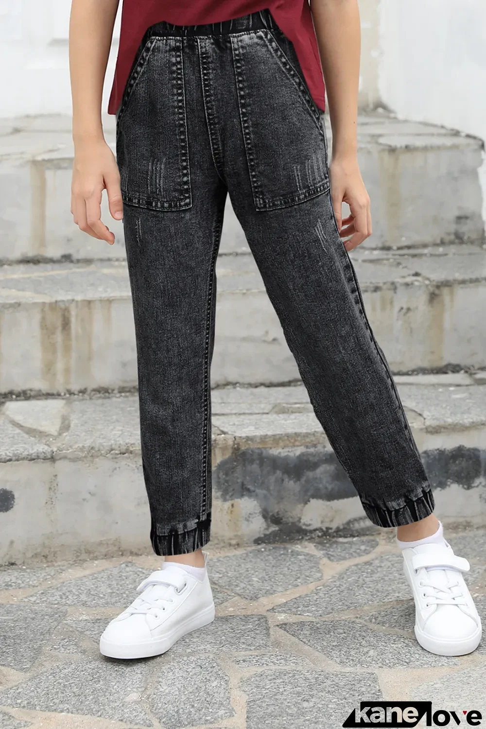 Black Large Pocket Elastic High Waist Kids Jeans