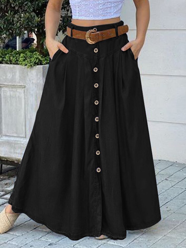 Solid Button Pocket Ruch Casual Maxi Skirt