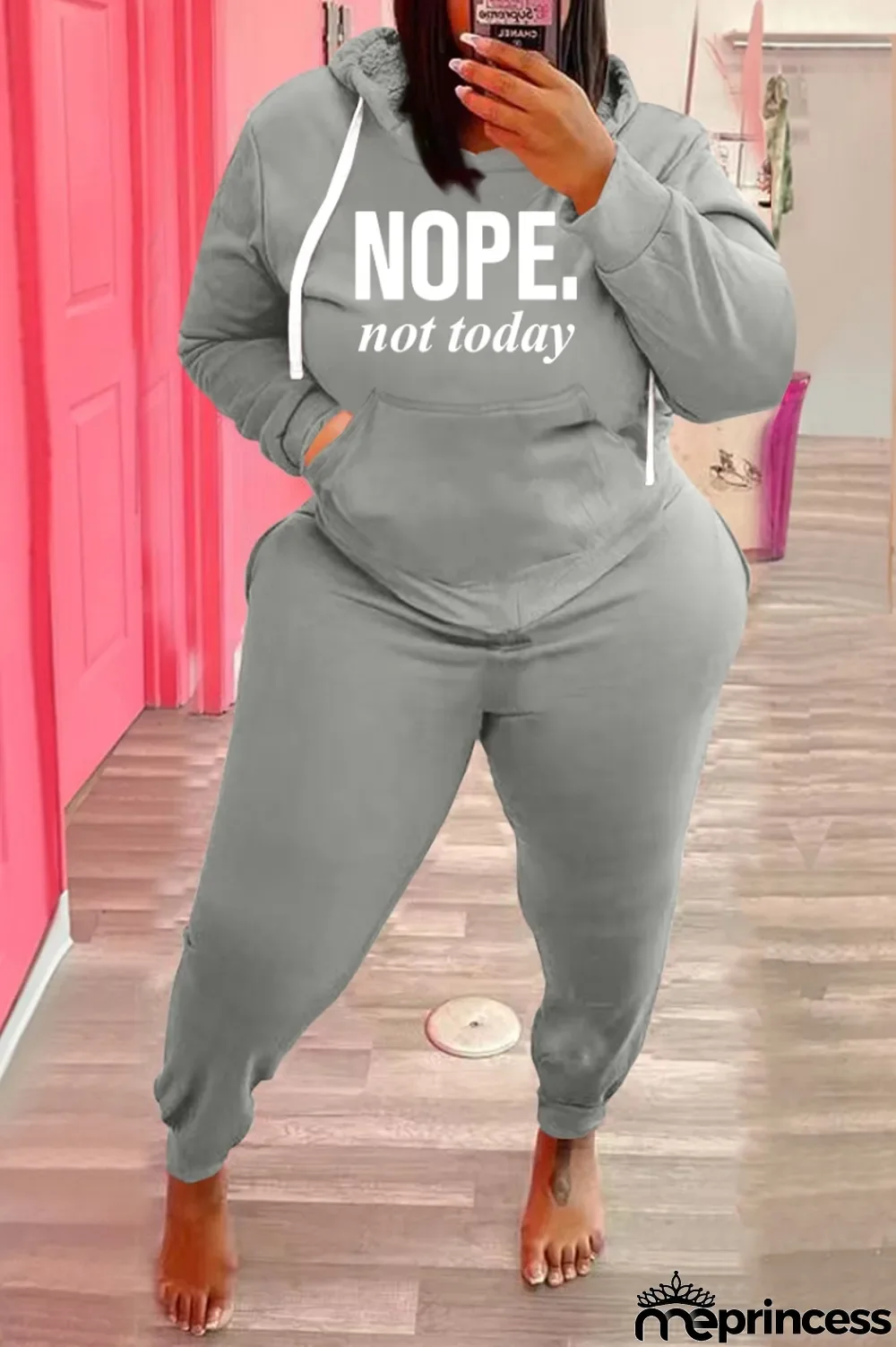 Winter Plus Size Casual Grey Letter Print Hoodies And Pant Wholesale Two Piece Sets