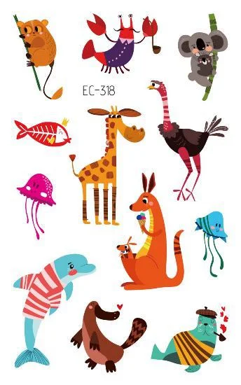 24 kinds Cartoon Animals Temporary Tattoo Stickers for Kids Lion Tiger Giraffe Elephant Fox Hedgehog Turtle tatouage temporaire