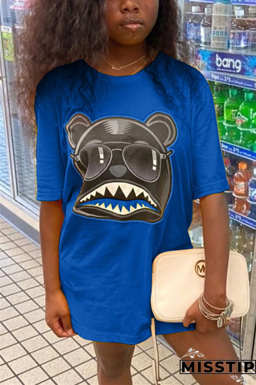 Blue Street Short Sleeves O neck Straight Mini Print Animal Dresses