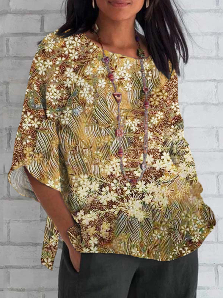 Comstylish Japanese Vintage Floral Linen Loose Shirt