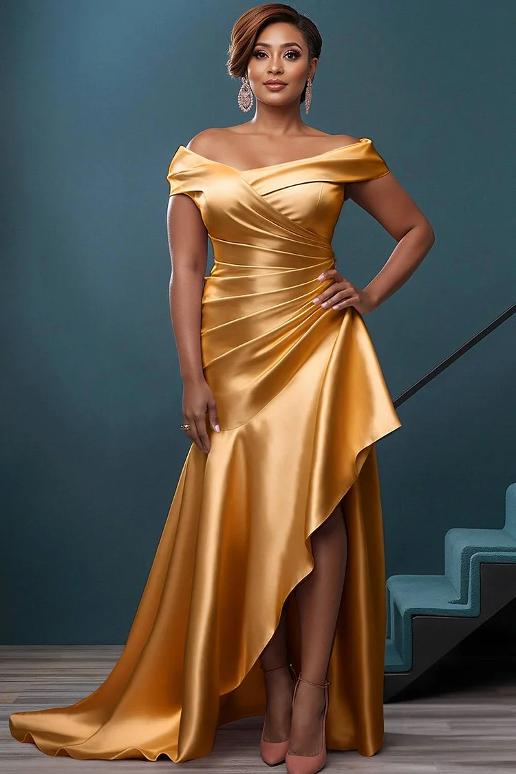 Xpluswear Design Plus Size Formal Gold Off The Shoulder Asymmetric Hem Elegant Pleated Satin Maxi Dresses [Pre-Order] 2024 - Xpluswear
