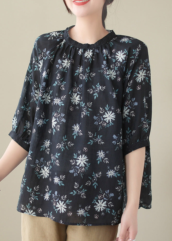 VCSHOES Black Print Wrinkled Ramie Shirt Summer