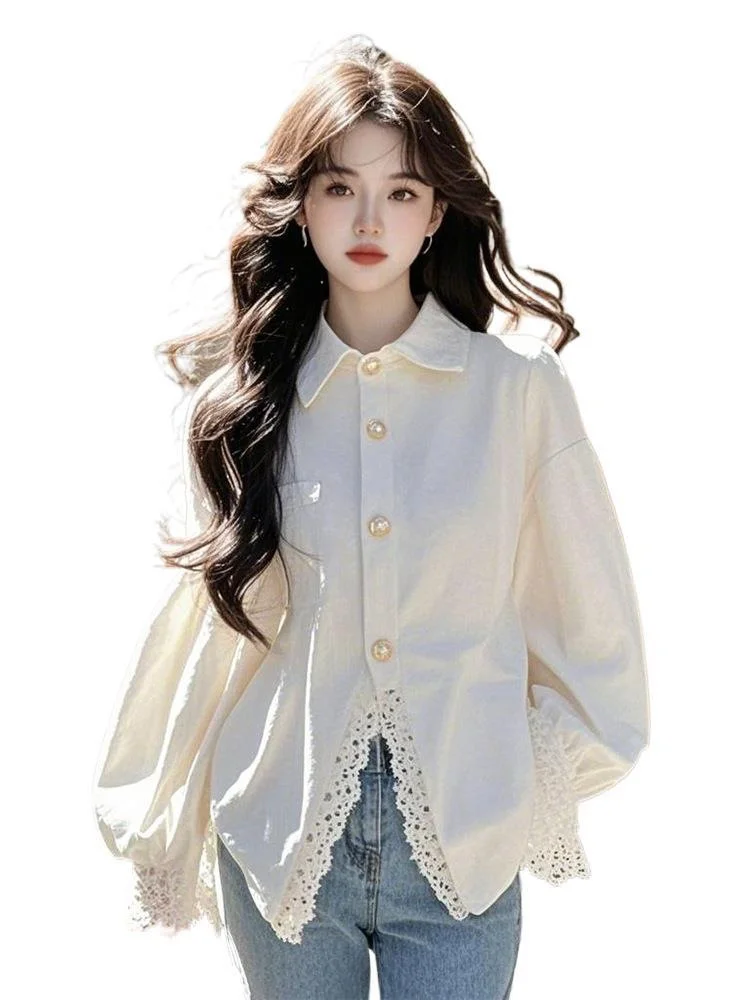 Athvotar Athvotar White Lace Splicing Shirt Women's New Spring 2025 Design Sense Age-Reduce T-Shirt Clothes
