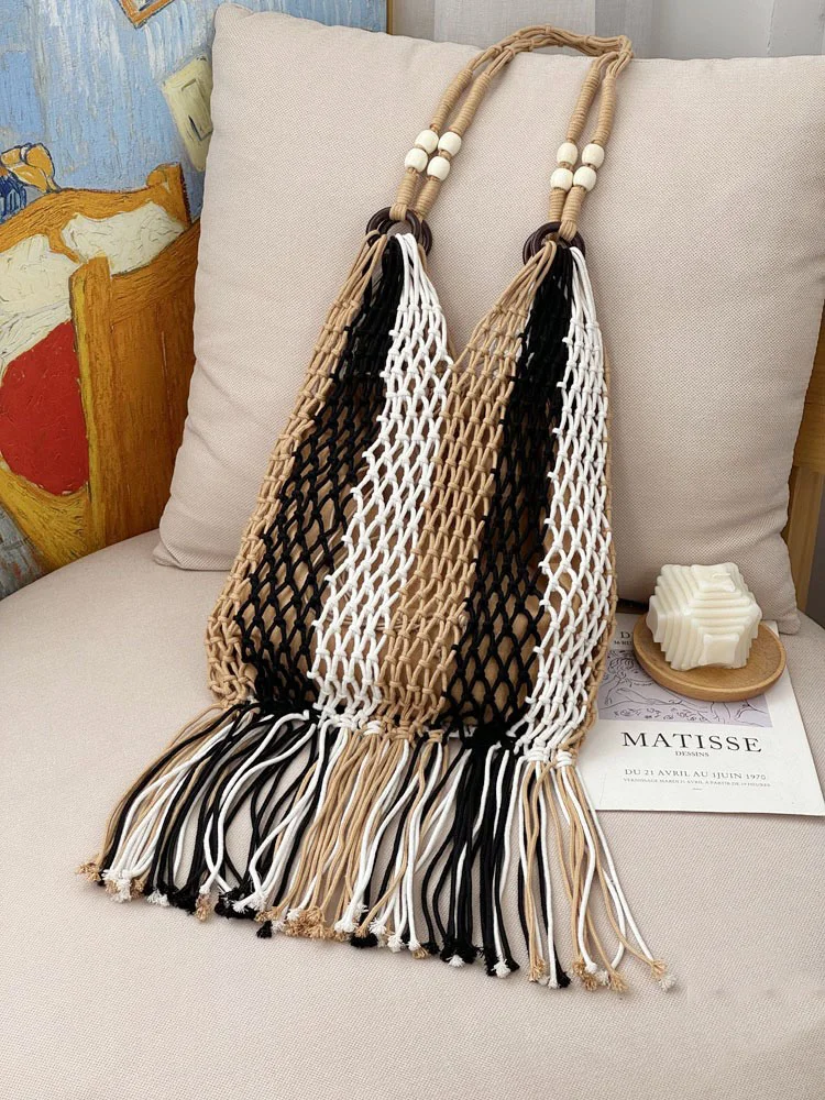 Lulusnow Handmade Black White Orange Tassels Beach Summer Bag Crochet Shoulder Bag  Minimalist Lifestyle