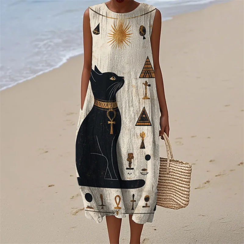 Ancient Egyptian Black Cat Flowy Linen Dress