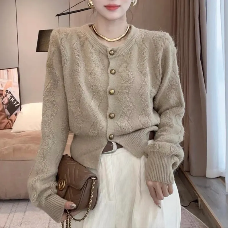 Churchf Churchf Winter New Round Collar Small Fragrant Wind Small Single Breasted Cardigan Sweater Versatile Thick Knit Jacket Female