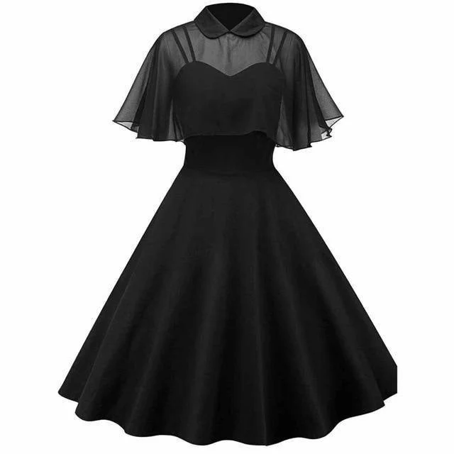 Women Vintage Gothic Cape Black Dress Autumn Two Piece Mesh Cloak Sleeves Peter Pan Collar Elegant Retro Goth Party Dresses