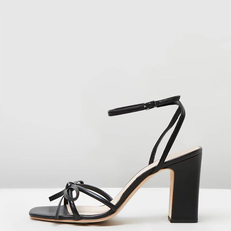 TAAFO Black Butterfly-Knot Women's Sandals High Chunky Heels Square Toe Ankle Strap Ladies Shoes
