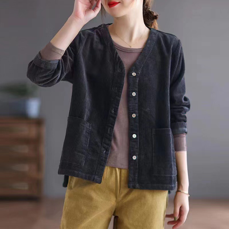 Corduroy V-Neck Casual Long Sleeved Jacket wearshes