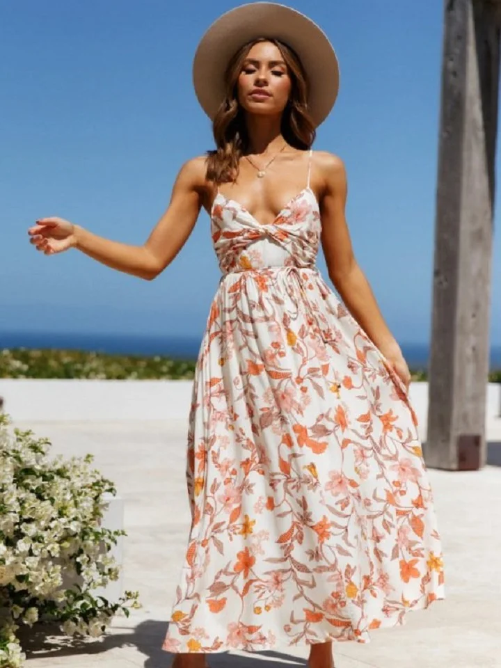 V-neck Sling Printed Bohemian Beach Dress