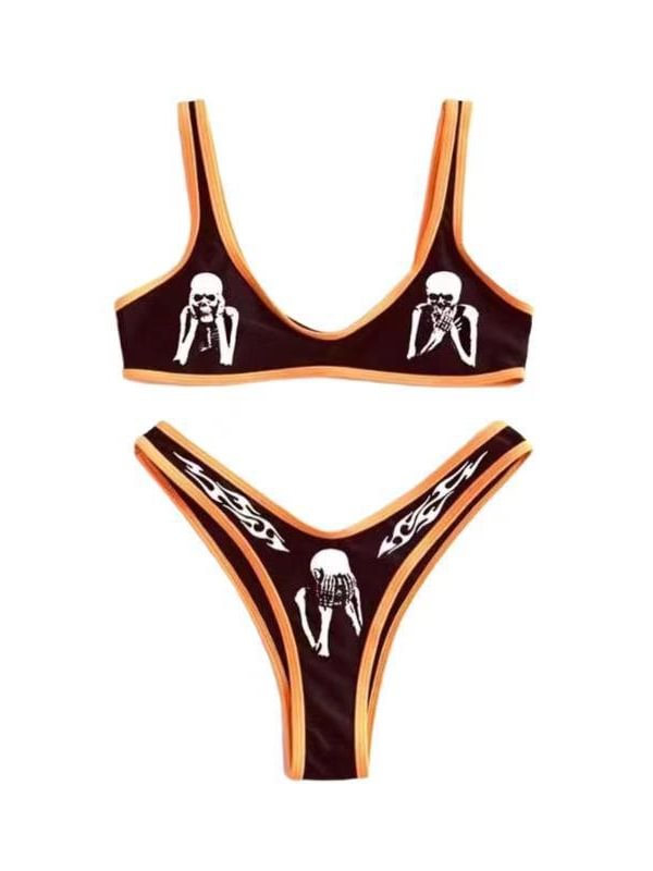 Punk Style Skull Printed Color Block Ribbing High Cut Bikini Two-piece Sets Swimwear