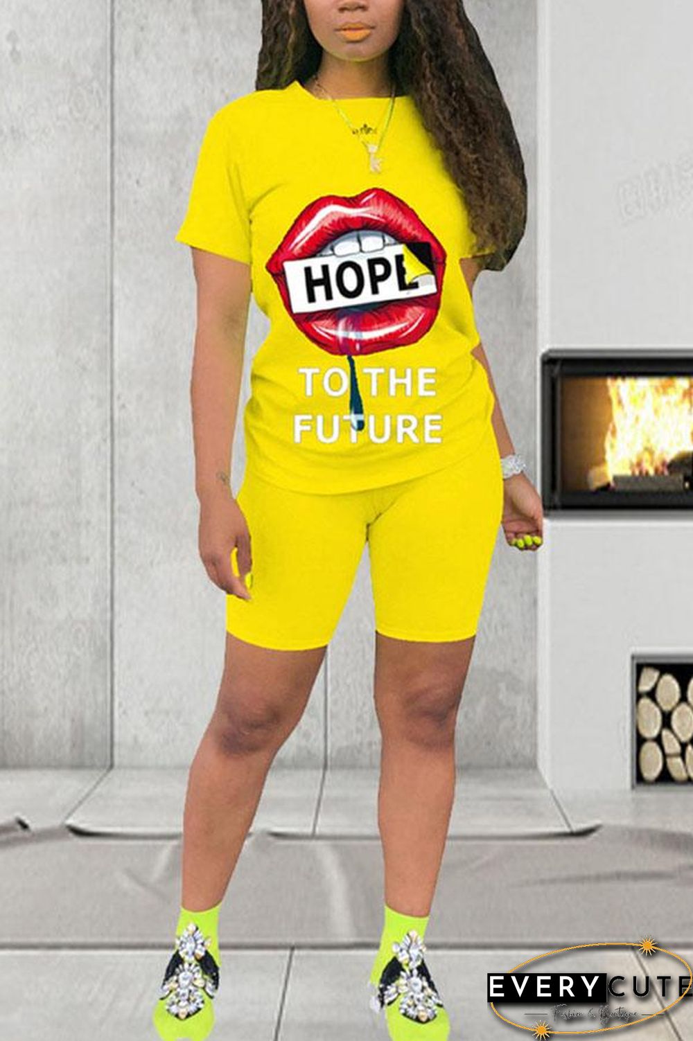 Casual Lips Printed Short Sleeve T-Shirt Set