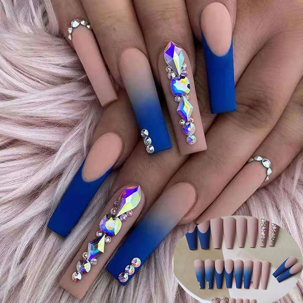 24pcs Long Coffin False Nails Wearable Ballerina Fake Nails Orange gradient gold foil nails Full Cover Nail Tips Press On Nails-Nail Inspo