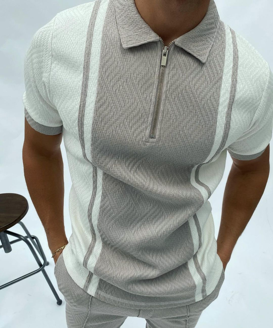 Herringbone jacquard color block slim fit polo shirt