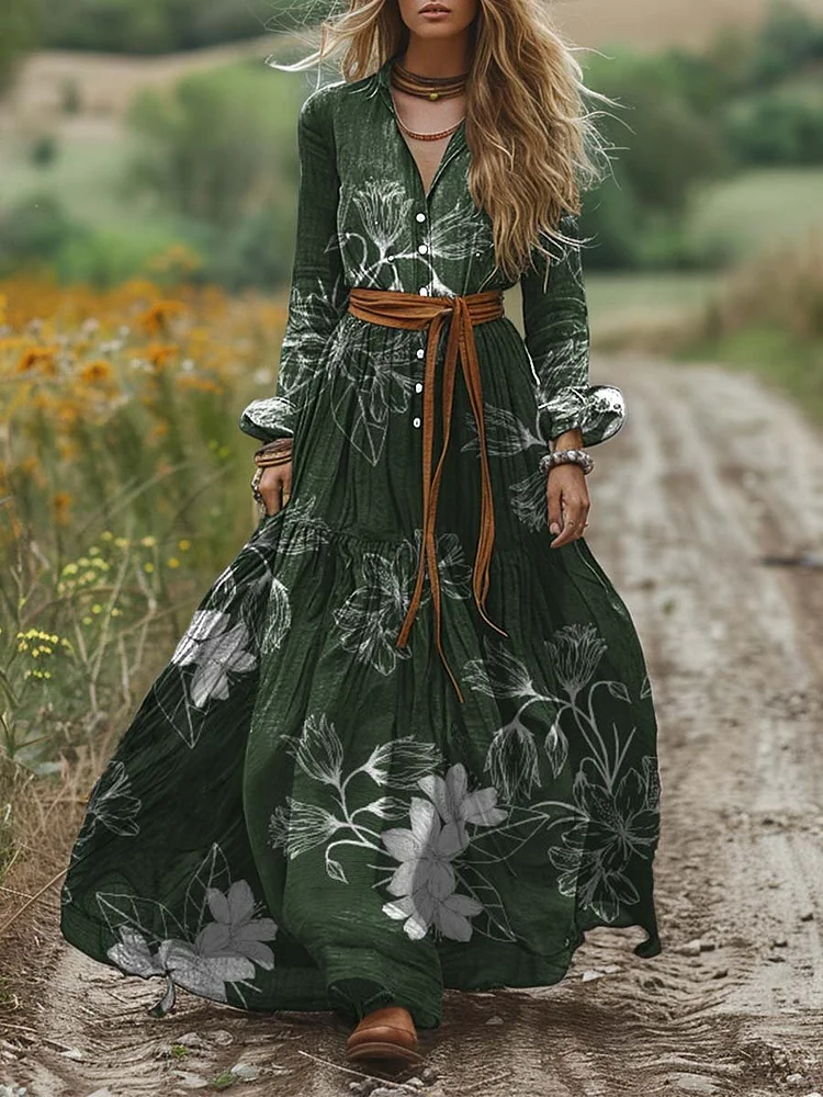 Women's Vintage Shirt Collar Positioning Print Long Sleeve Pocket Cotton Dress
