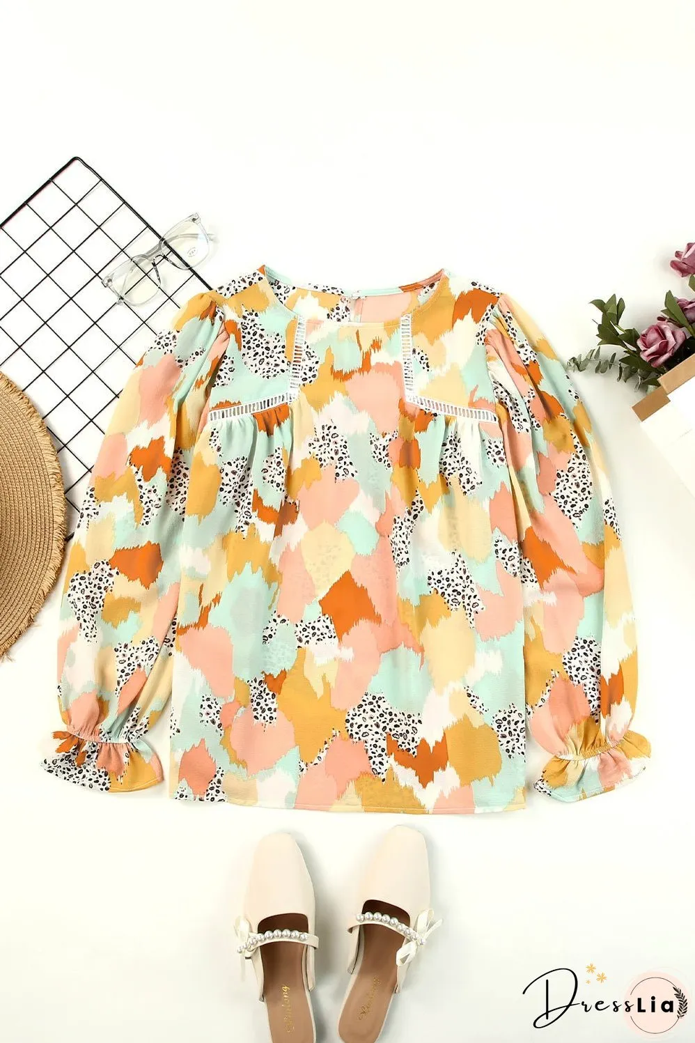 Printed Flounce Sleeve Buttoned Blouse