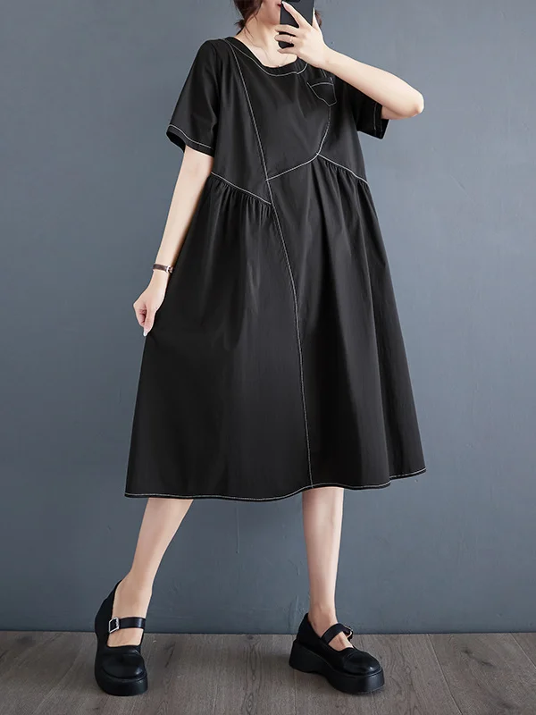 Split-Joint Solid Color Pockets Pleated Asymmetric Loose A-line Round-neck Midi Dresses