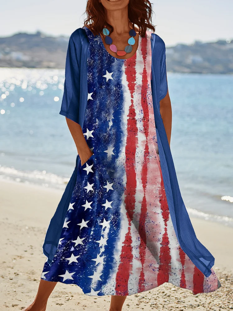 Women's Two Piece Casual Watercolor American Flag Print Midi Dresses