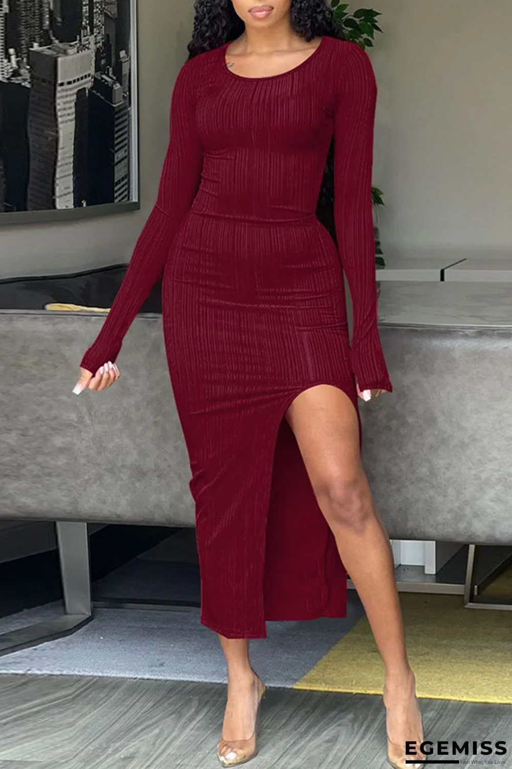 Burgundy Sexy Solid Patchwork Slit O Neck One Step Skirt Dresses | EGEMISS