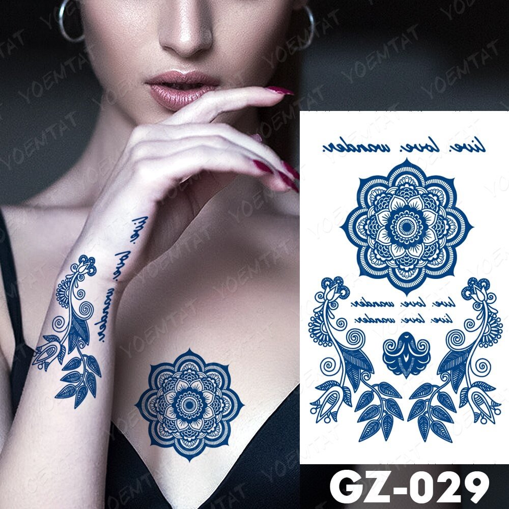 Gingf Lasting Waterproof Temporary Tattoo Stickers Mandala Butterfly Lotus Totem Flash Tattoos Blue Ink Body Art Fake Tatto Male
