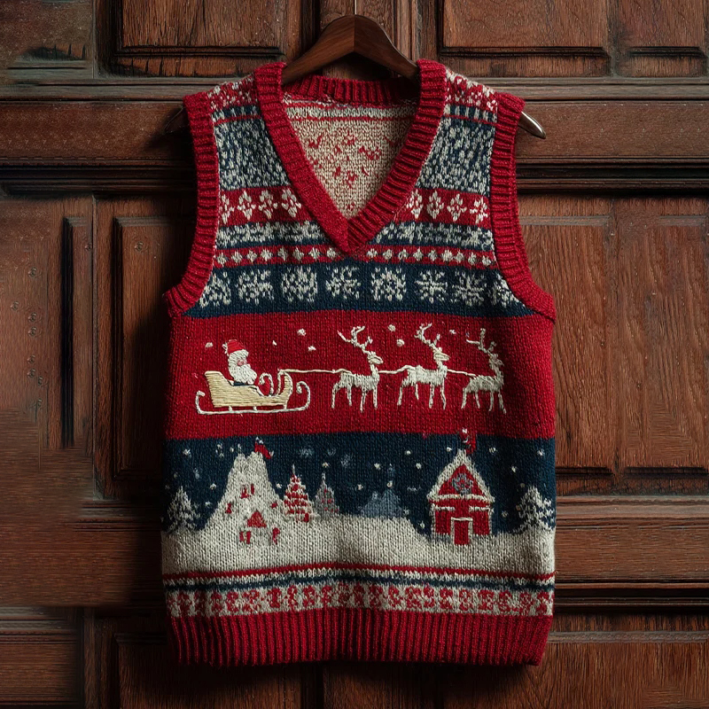 Men's Christmas Santa Claus And Reindeer Print V Neck Knit Vest elevenforest