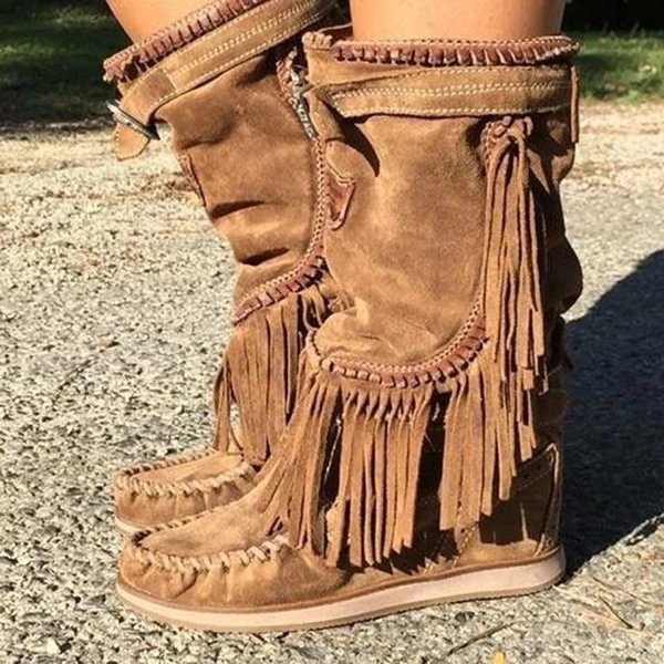 New women's boots Women Vintage Boho Fringed Midcalf Boots Suede Tassel Low Heel Boots Casual Half Knee High Boots