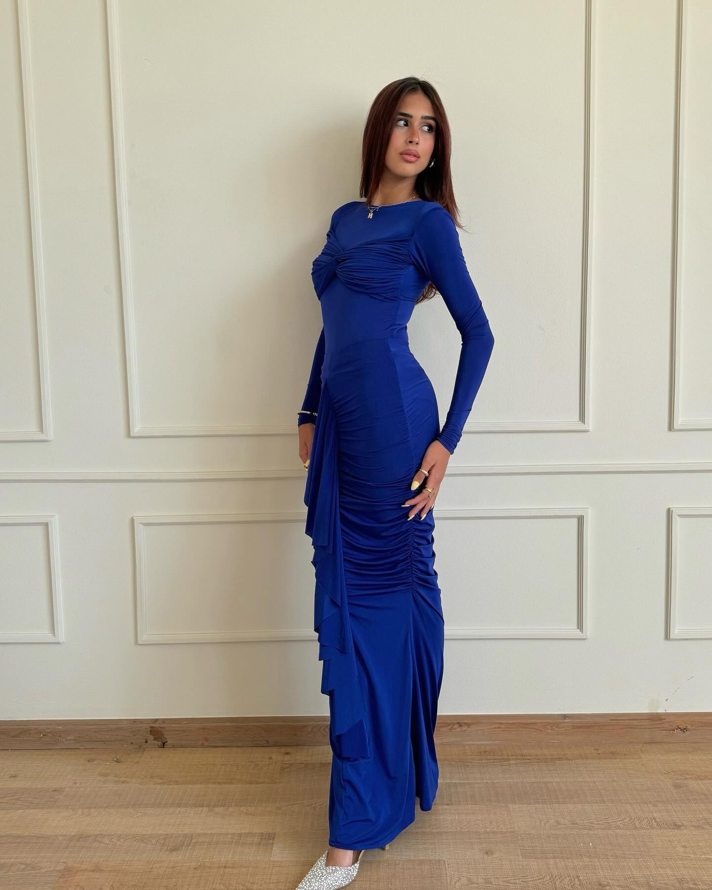 Ootddress Elegant Long Sleeved Elastic Tight Pleated Party Club Evening Dress Women Fashion Maxi Vestido Autumn Winter New Female