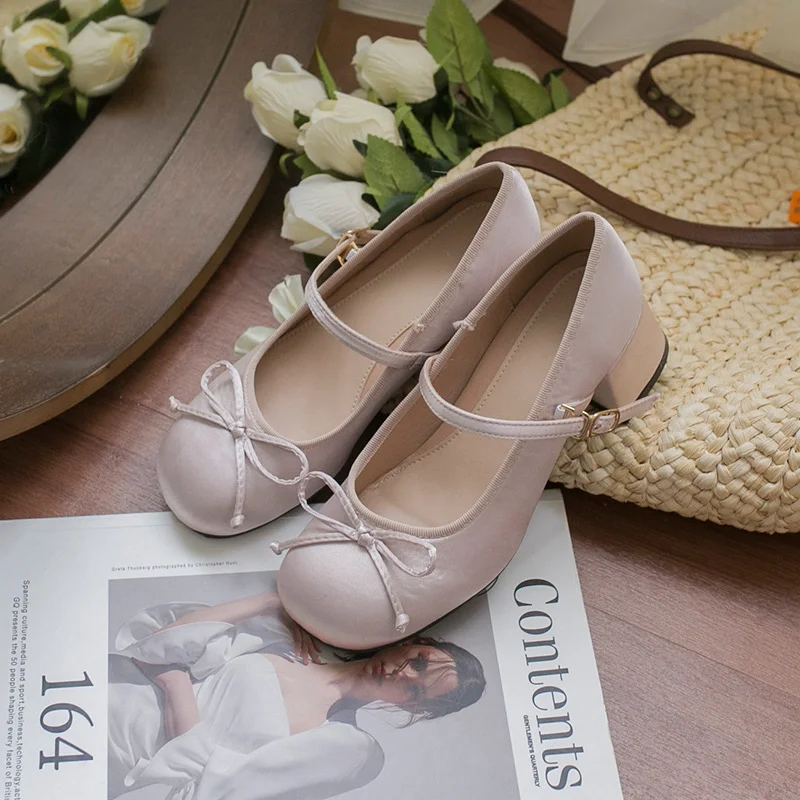 Uveng Uveng Satin Bow Mary Jane Shoes Spring Ballet With Retro Lolita Thick Heel Cheongsam With Skirt Single Shoes