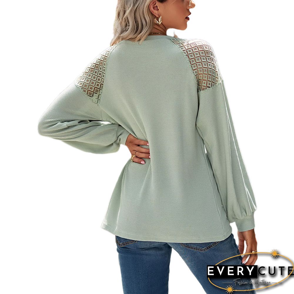 Pea Green Waffle Splicing Lace Round Neck Long Sleeve Tops