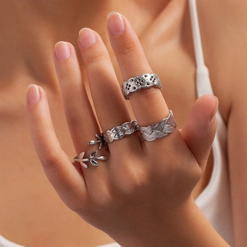 Retro Classic Style Geometric Leaf Snake Titanium Steel Plating Open Rings