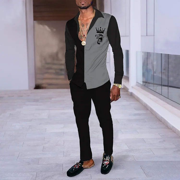 Contrasting Black And Grey Shirt And Pants Two-Piece Set