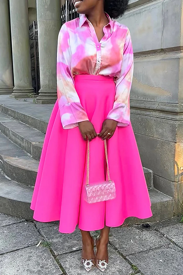 Plus Size Semi Formal Skirt Sets Elegant Pink Tie Dye Fall Winter Shirt Collar Long Sleeve Cotton Two Piece Skirt Sets [Pre-Order]