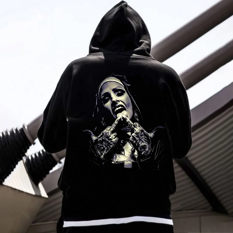 Finger Licking Evil Nun Street Style Graphic Black Print Hoodie