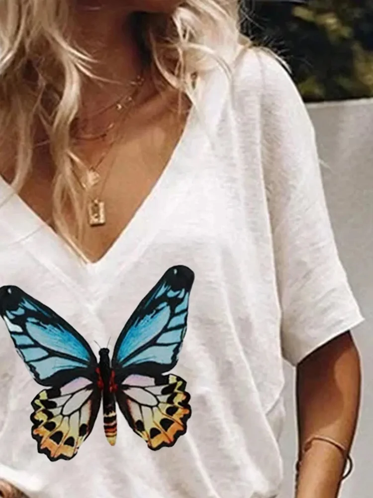 White V-Neck Print Short Sleeve Cotton Blend Shirts & Blouses & Shirts
