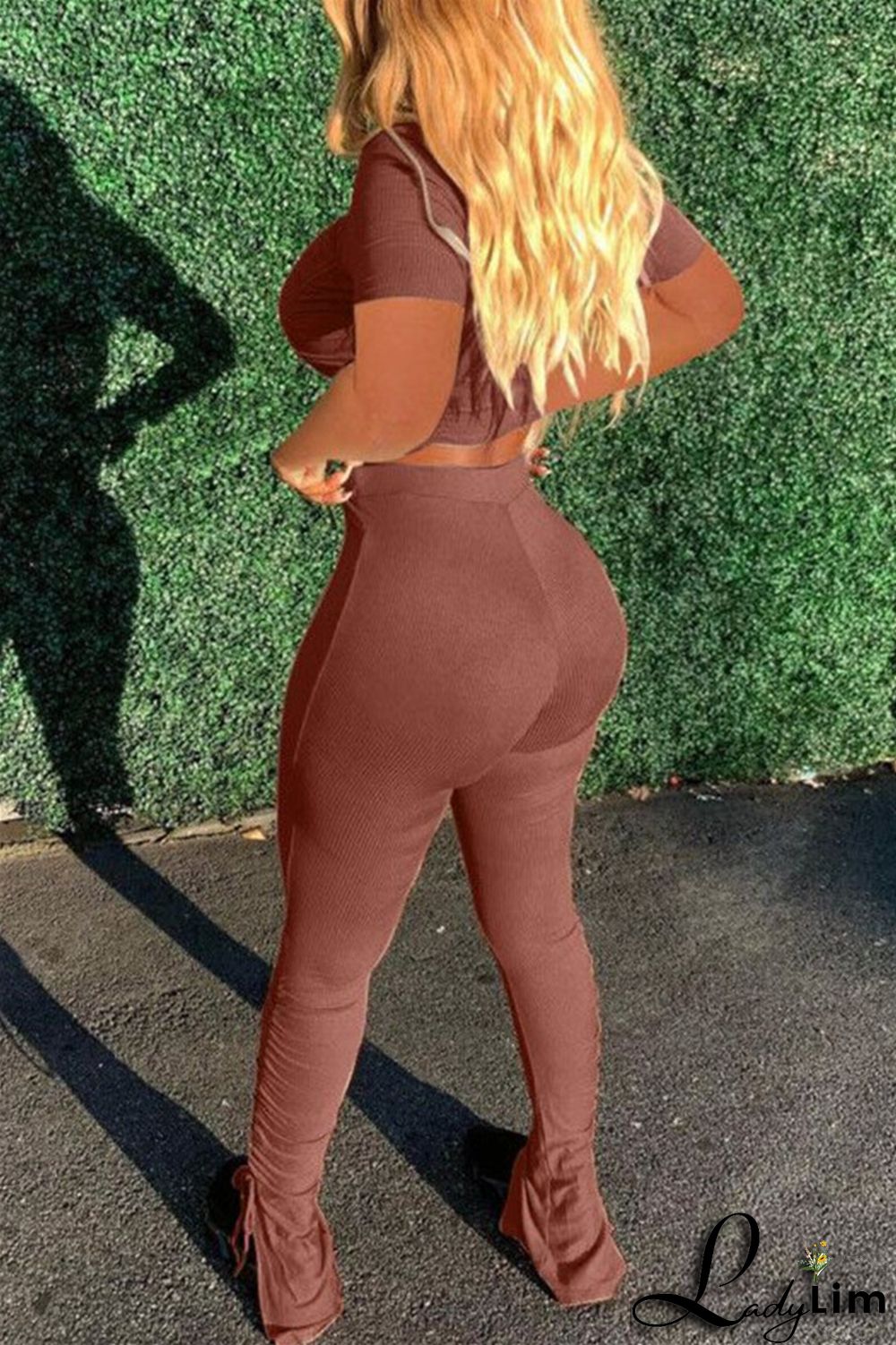 Khaki Fashion Casual Solid Draw String Frenulum O Neck Short Sleeve Two Pieces