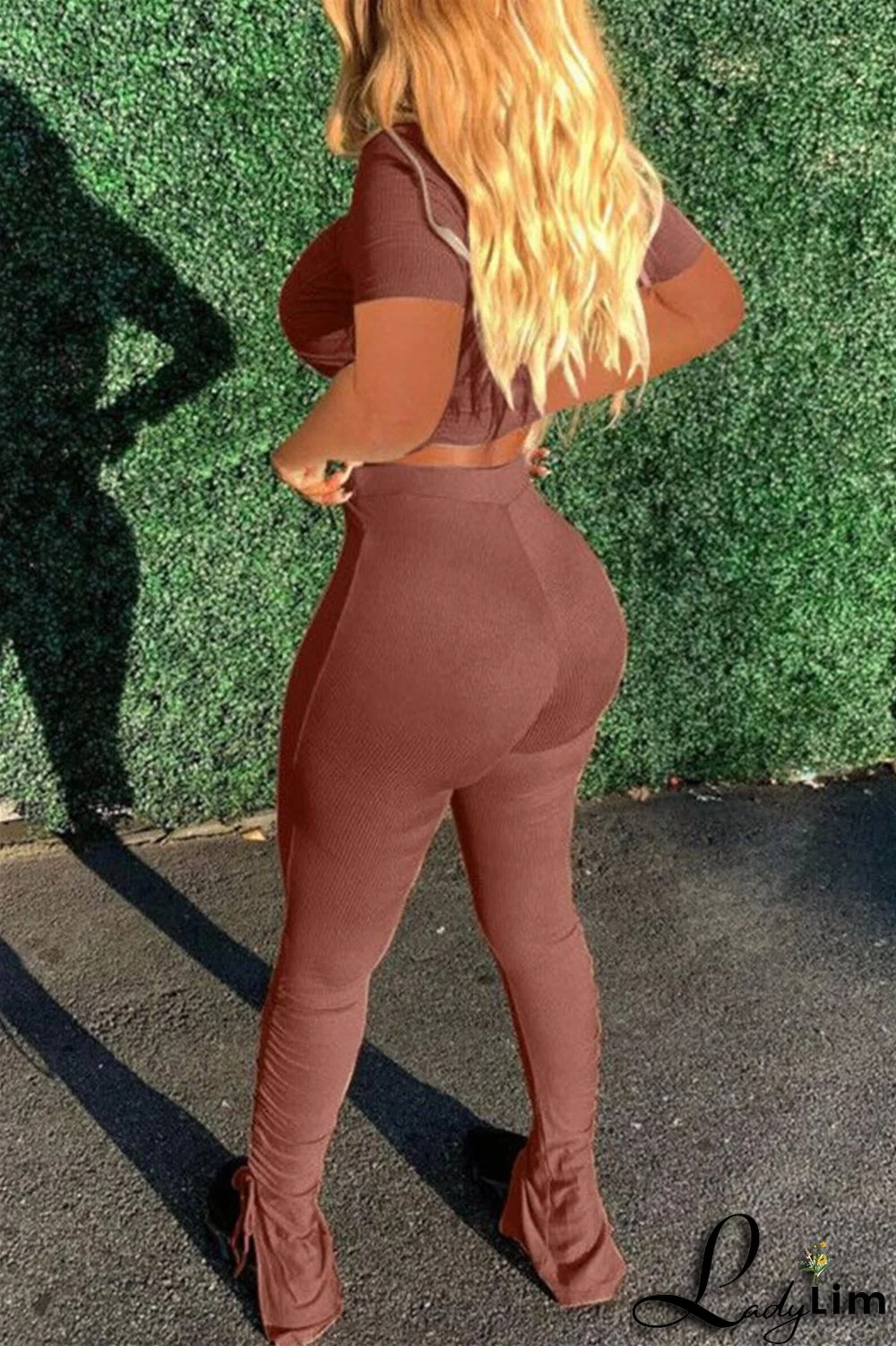 Khaki Fashion Casual Solid Draw String Frenulum O Neck Short Sleeve Two Pieces