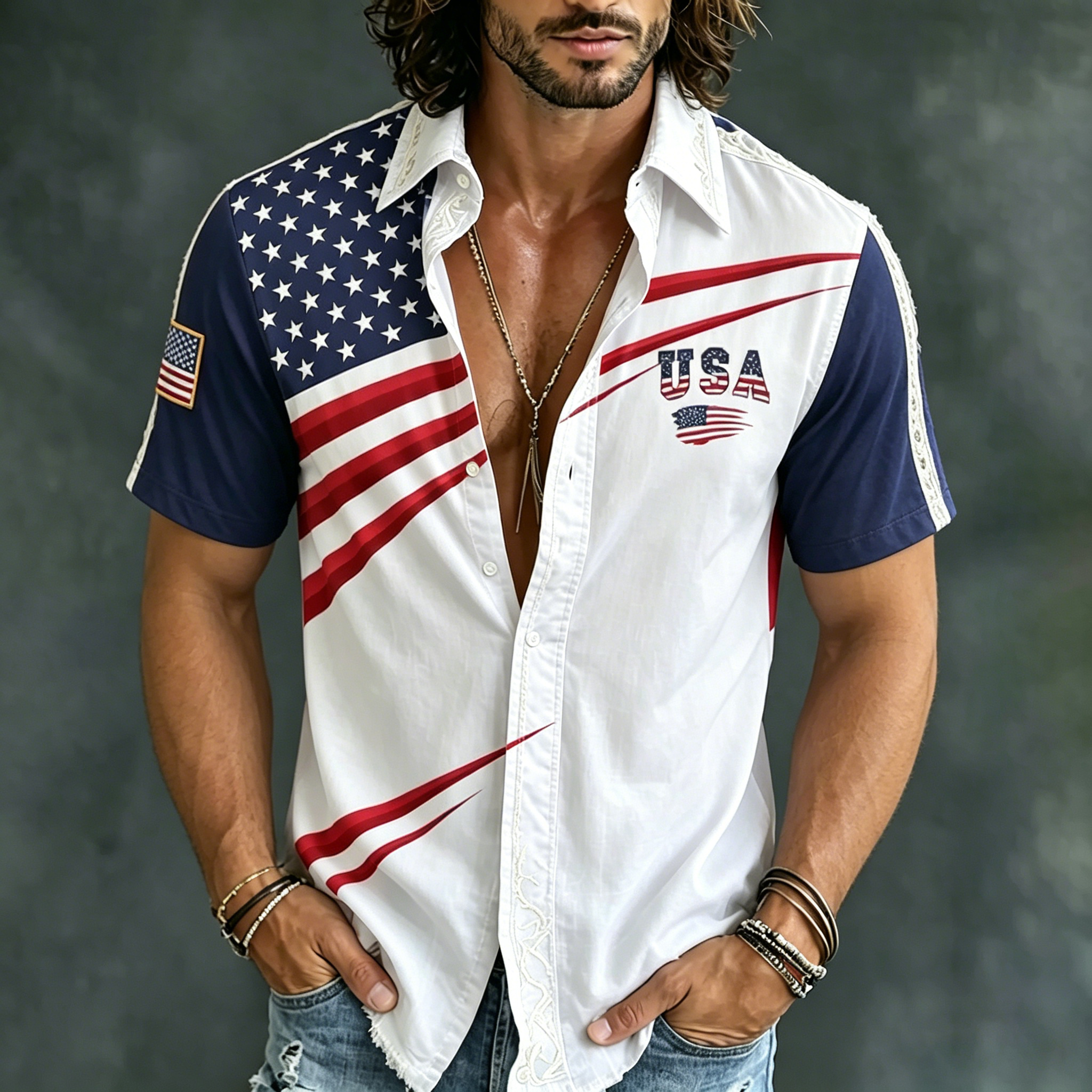  Men's Flag Art Print Flowy Linen Blend Short Sleeve Shirt Westsshops