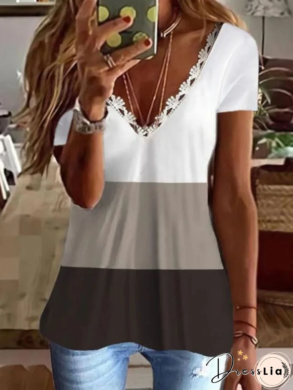 Short Sleeve V Neck Color Block Casual T-shirt