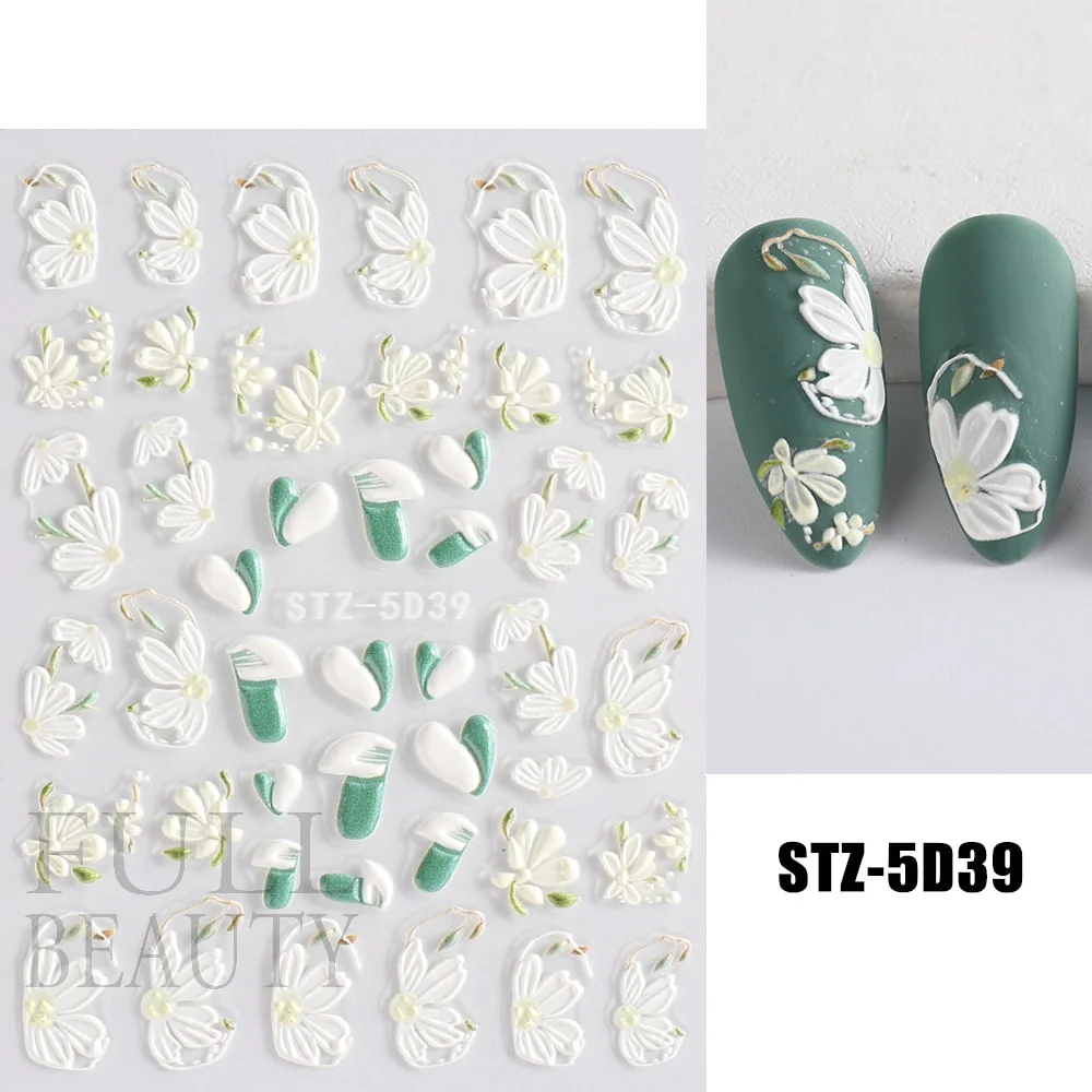 Churchf Nail Stickers Flowers Geometric Lines Decor Acrylic Embossed Sliders Gold Frame Nail Decals Cherry Blossom Manicure GLJI-5D05-Nail Inspo