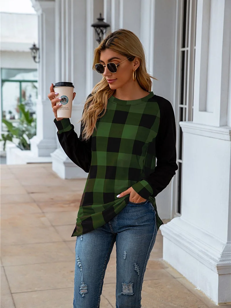 Plaid O-Neck Splicing Cardigan Women's Sweatshirt