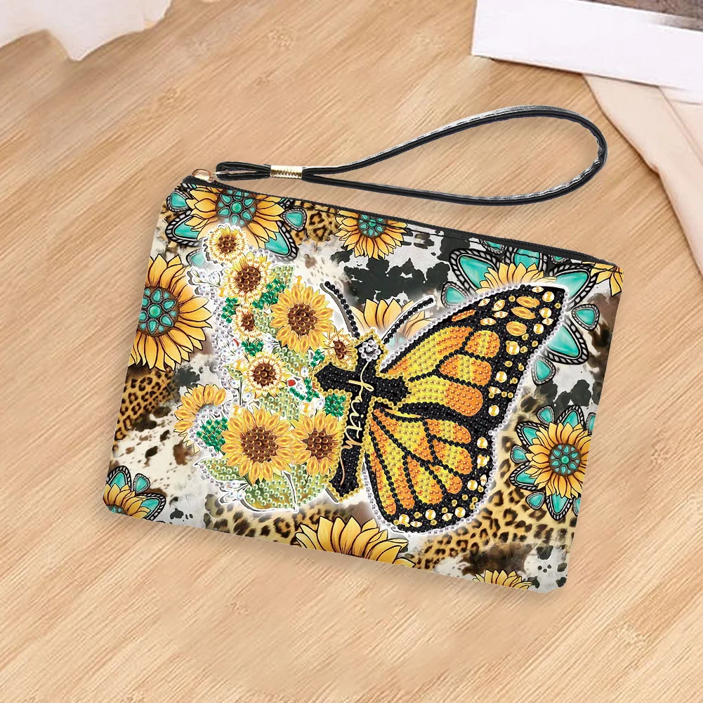 DIY Butterfly PU Partial Special Shaped Diamond Painting Wallet Makeup Bag