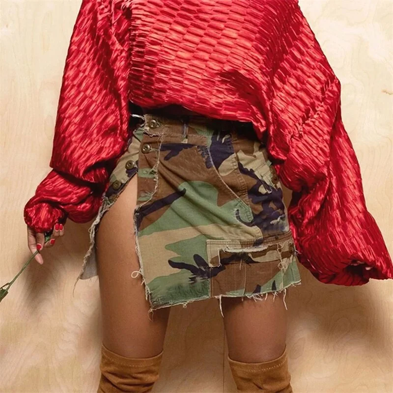 huibahe Mini Cargo Skirts Women Fashion High Side Slit Button Front Waist Pockets Tassel Pencil Skirt Casual Streetwear