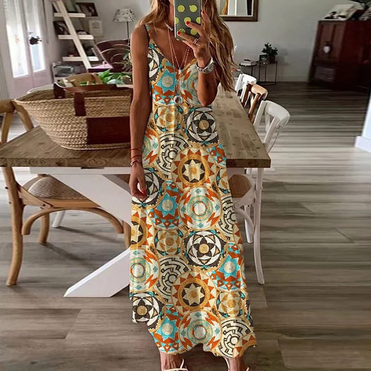 Utbros Women's Western Style Printed Sleeveless Dress