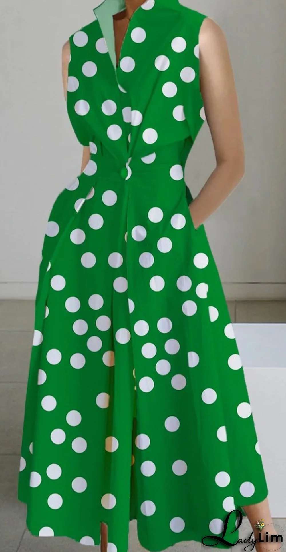 Summer Career Fashion Polka Dot V Neck Ladies Button Mermaid Dress