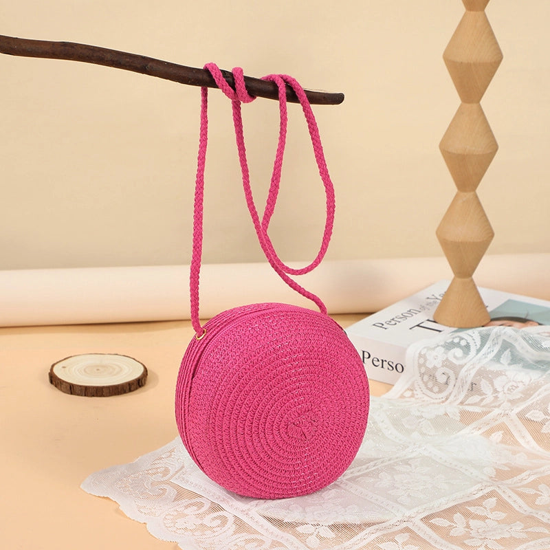 Girl’S Straw Solid Color Cute Round Zipper Shoulder Bag